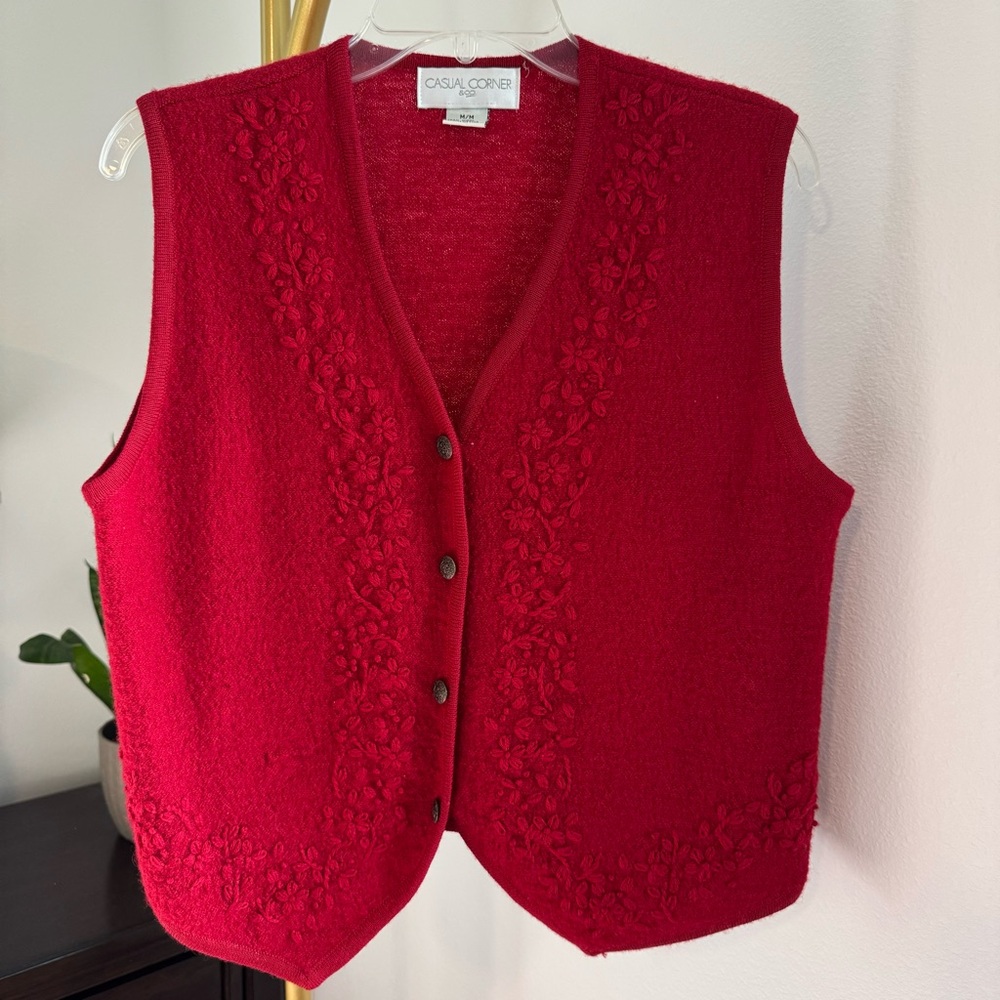 Vintage Casual Corner Red Wool Embroidered Vest - Medium